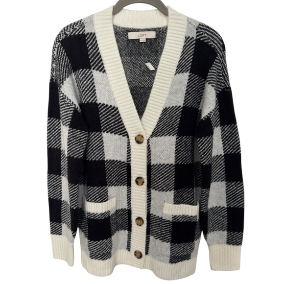 Loft XS Checkered Plaid Boyfriend Button Cardigan Oversized Black White Pockets - Picture 1 of 5